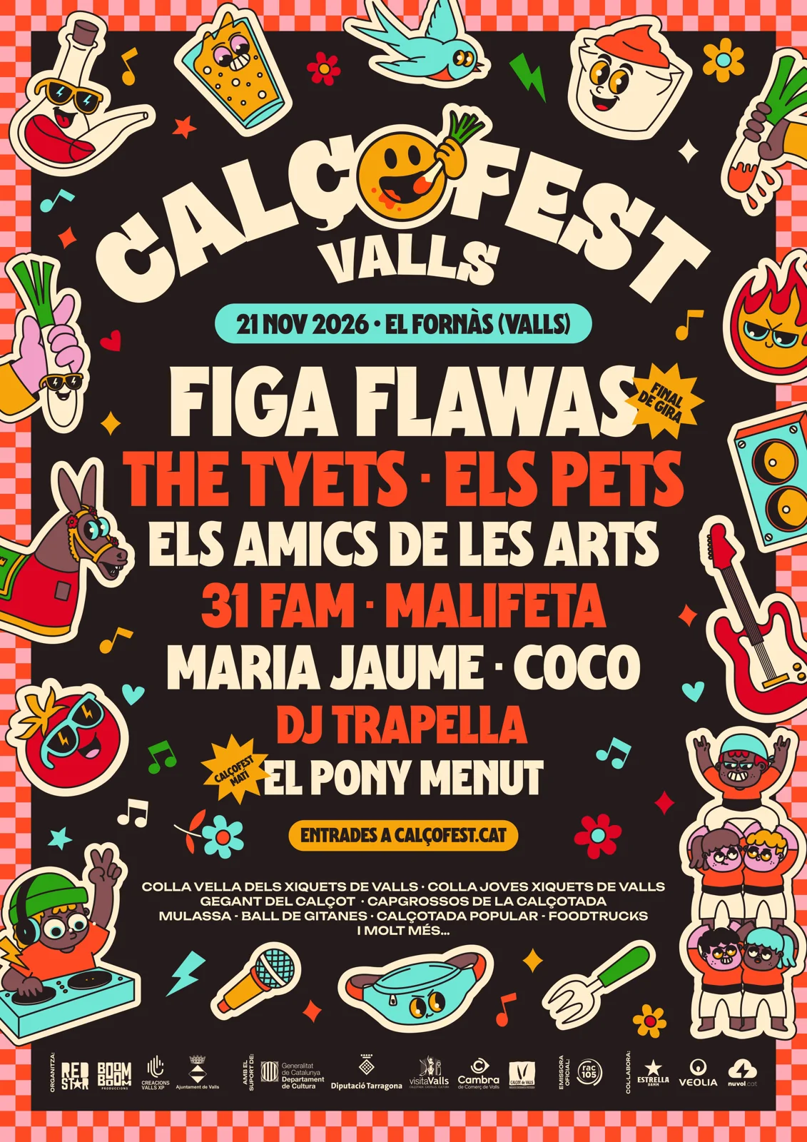 Cartell del Calçofest 2026 a Valls, 21 de novembre, amb Figa Flawas, The Tyets, Els Pets i la resta del programa.