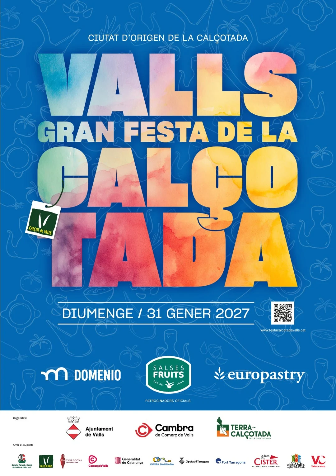 Affiche de la Gran Festa de la Calçotada de Valls 2027 : dimanche 31 janvier, lettres multicolores sur fond bleu.